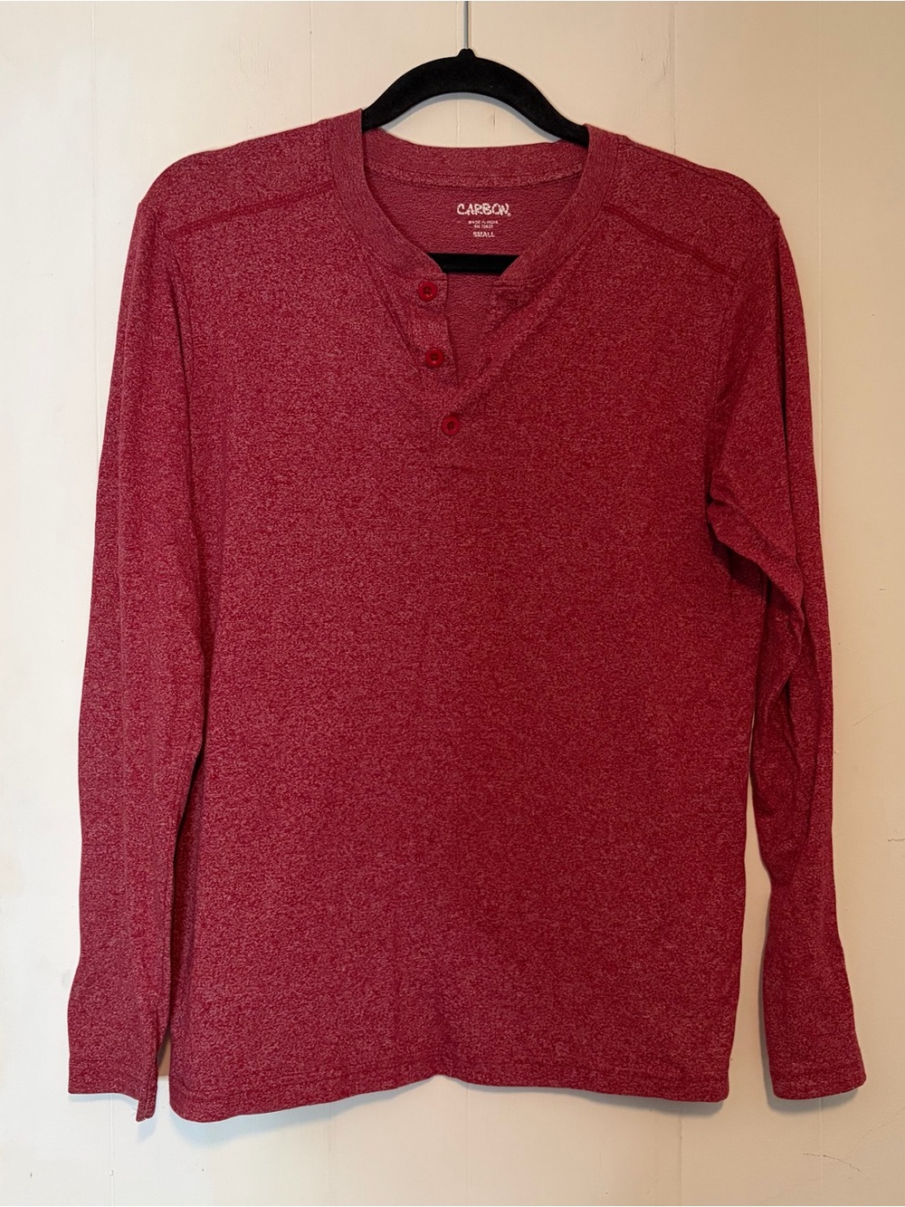 Casual unisex long sleeve henley in heathered raspberry red from Carbon